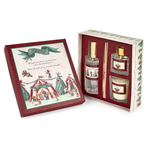 Set regalo Bear Wonderland con diffusore a bastoncini, spray ambiente e candela profumata, della collezione Nuvole di Stoffa